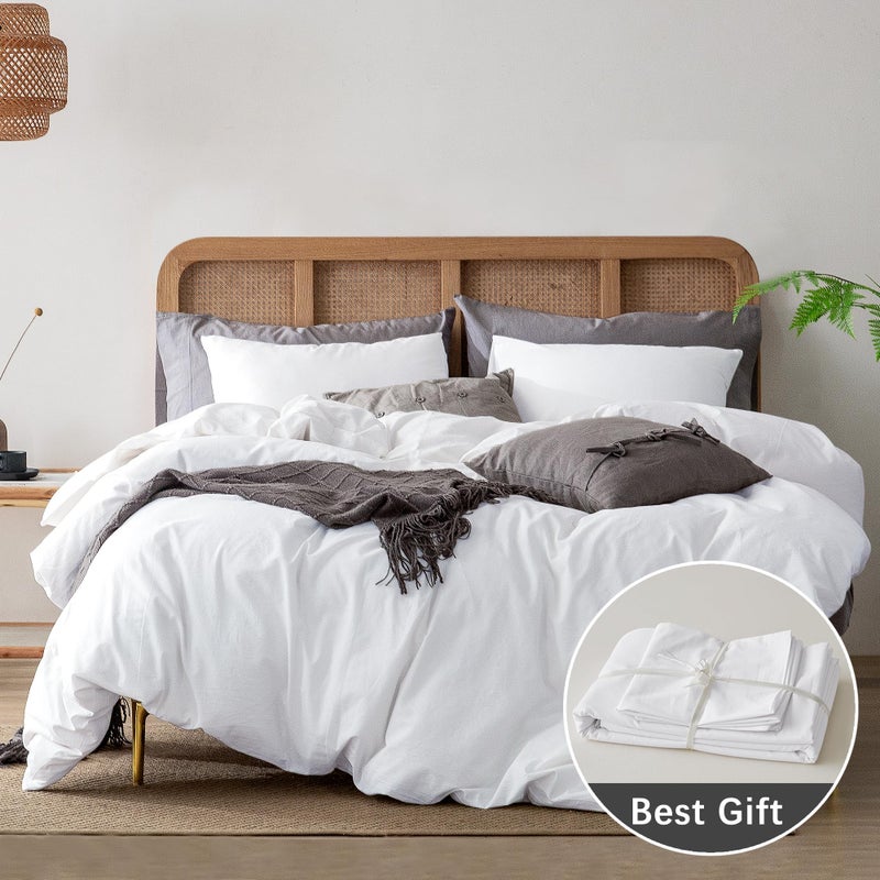 ATsense Duvet Cover Full Size, 100% Washed Cotton Linen Feel Super Soft Comfortable, 3-Piece White Duvet Cover Bedding Set, Long-Lasting and Easy Care, Simple Style Farmhouse Comforter Cover - Image 3